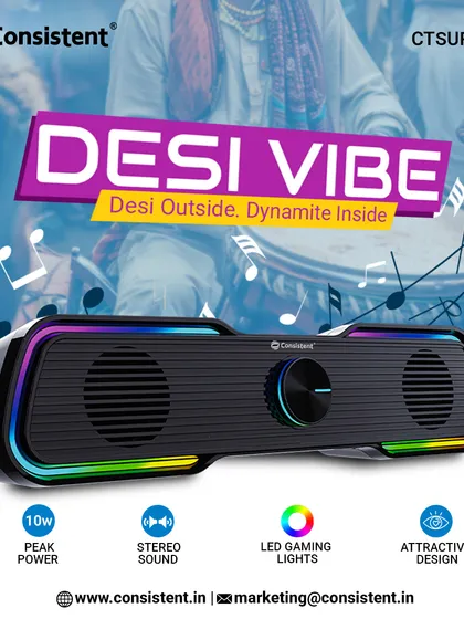 I designed the "Desi Vibe" soundbar to bring powerful stereo sound to your desk in a compact form. With 10W peak power and dynamic LED gaming lights, this USB-powered speaker is perfect for music, movies, and creating an energetic atmosphere.