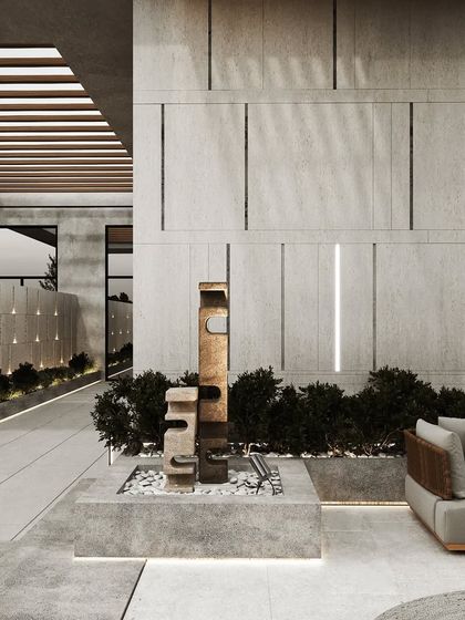 This shot focuses on the architectural details of the rooftop space, including the vertical slat wall and the integrated lighting within the concrete structures.