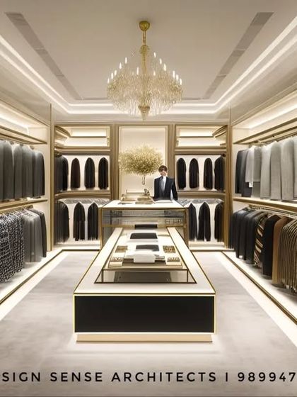 This 3D render shows another concept for a high-end menswear store. The design uses integrated lighting in the shelves, a central display island, and a symmetrical layout to create a feeling of order, luxury, and exclusivity.