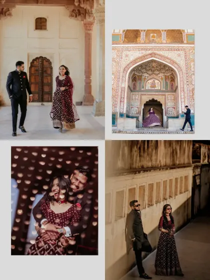 A collage showcasing the couple's interactions within the beautiful architecture of a Jaipur fort, playing with light and shadow.