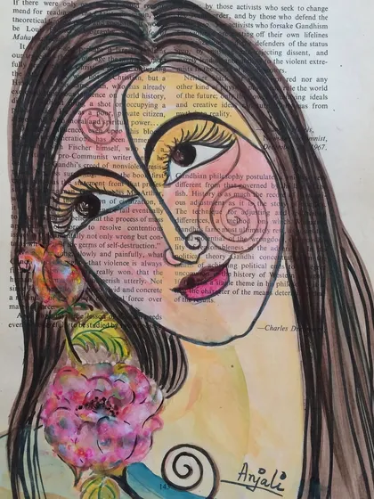 A delicate portrait of a woman with flowing hair, painted on a book page. The text shows through her skin, and spirals on her cheeks add a touch of whimsy to this mixed-media artwork.