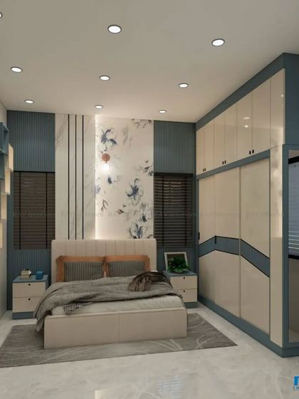 Another angle of the blue and white bedroom, showing the floating shelves and the overall compact and functional layout.