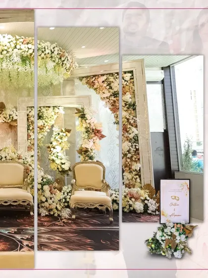 A closer look at the stunning floral stage we designed for an engagement. We used oversized white frames as a unique structural element, filling them with an abundance of white, cream, and blush flowers.
