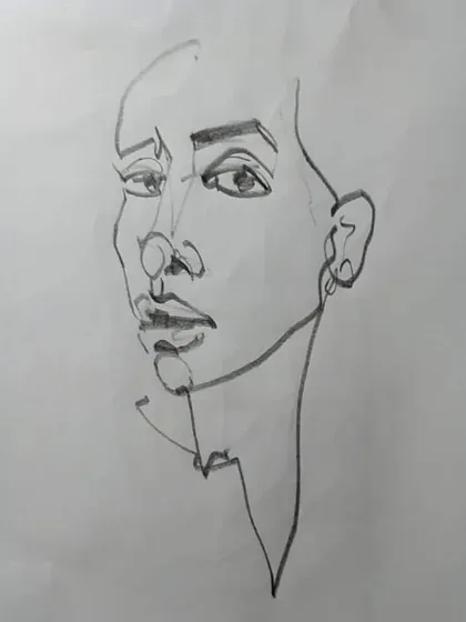 A continuous line drawing exercise. This sketch of a face is done without lifting the pencil, helping students improve their observation and hand-eye coordination.