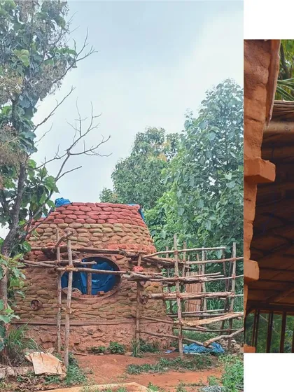 The earthbag dome at Cheerville during construction. This image shows the raw beauty of the structure, built with natural materials and surrounded by the very landscape it honors.
