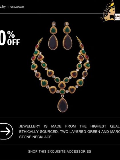 A unique combination of green and maroon stones in this two-layered necklace. This piece is for those who love to experiment with colors and make a bold style statement.