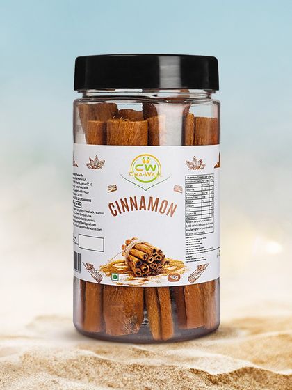 A clean product shot of a jar of Cha-Wa cinnamon sticks against a beach-themed background. This creative composite image is designed to be eye-catching and memorable.