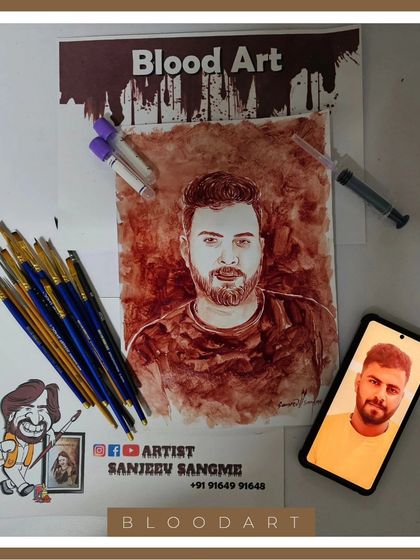 Another example of a finished blood art piece, showing the reference photo and the tools involved. Each portrait is a collaboration between the client's story and my artistic interpretation.