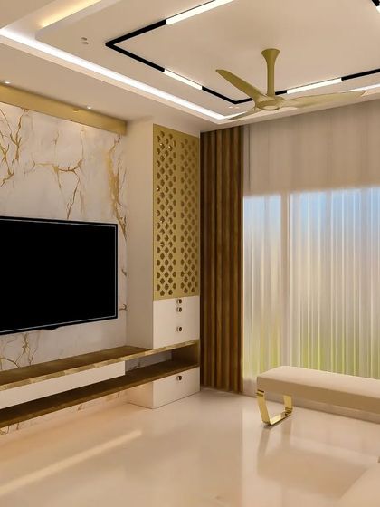 A 3D render of the TV unit wall, allowing the client to visualize the combination of marble-finish panels, golden accents, and lighting.