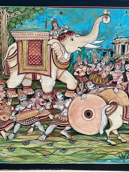 This wide shot shows the full procession in our folk-style painting, blending different artistic traditions of Karnataka.