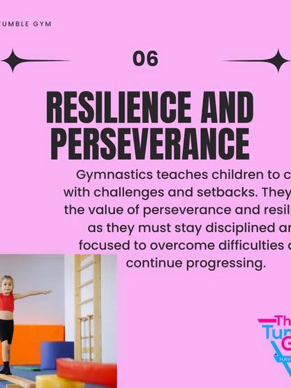 Gymnastics teaches resilience and perseverance. This graphic explains how children learn to cope with challenges and setbacks, staying disciplined and focused to overcome difficulties and continue progressing in their skills.