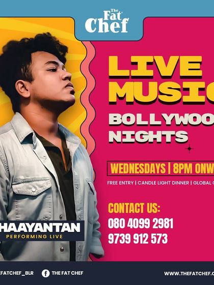 This event poster for Shaayantan's live Bollywood melodies gives you all the details for our Wednesday music nights. We ensure entry is free for everyone to enjoy.