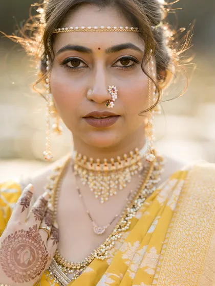 An intense and beautiful close-up, focusing on the bride's expressive eyes and traditional nath.