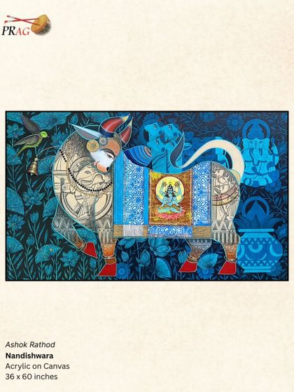 'Nandishwara' by Ashok Rathod, a majestic Nandi adorned with a depiction of Lord Shiva, symbolizing his role as the divine gatekeeper.