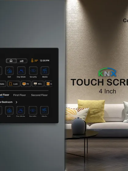 This is our 4-inch KNX touch screen, the central command hub for your entire home. From this sleek wall-mounted panel, you can manage lighting, security systems, climate, and media across different floors and rooms, replacing multiple switches with one elegant interface.