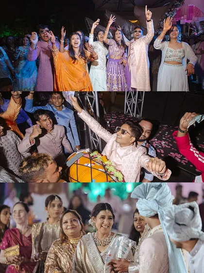 A collage capturing the high-energy moments from a wedding celebration, from the dance floor to the dhol players. It's all about creating a vibe of non-stop fun.