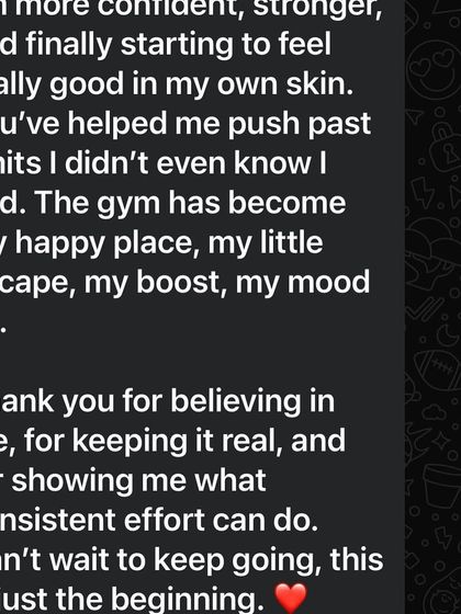 A client's message expressing how the gym has become her "happy place" and "mood fix," and how she feels stronger and more confident in her own skin.