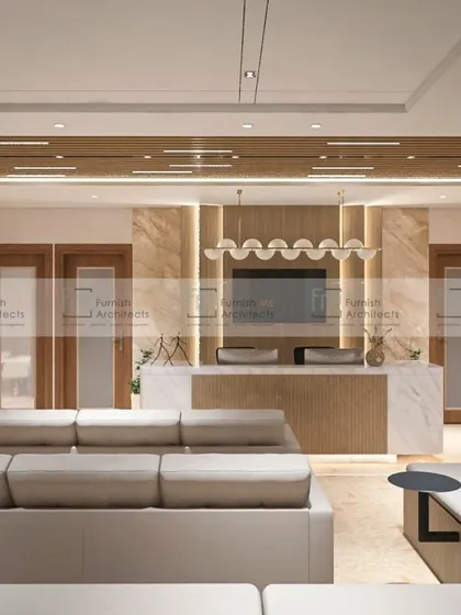 This is a waiting area we designed for a healthcare facility. We used comfortable seating, warm wood tones, and marble accents to create a calming and professional environment for patients and their families.