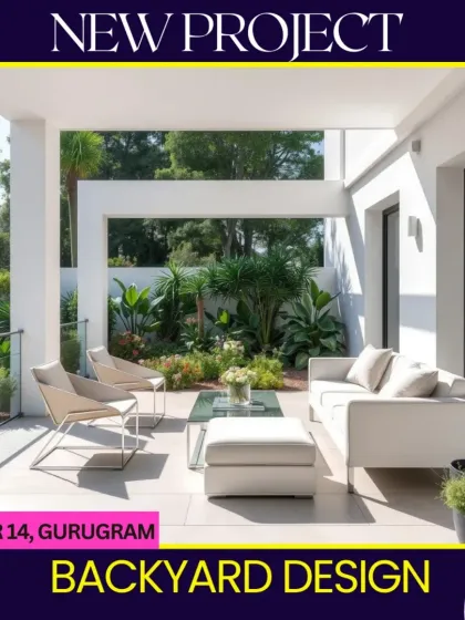 A new backyard design project for a residence in Sector 14, Gurugram. The design features a clean, modern aesthetic with a covered patio, comfortable white furniture, and a backdrop of lush tropical plants.