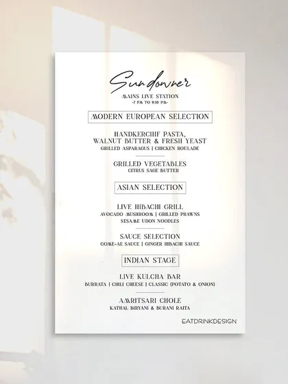 A "Sundowner" menu featuring a variety of live stations, including Modern European, Asian, and Indian options. Live stations add an interactive and dynamic element to any event.