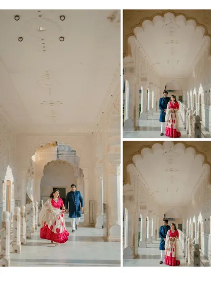 Ana and Ishan walking through a beautiful white marble corridor, showcasing a different, more serene side of Jaipur's palace architecture.