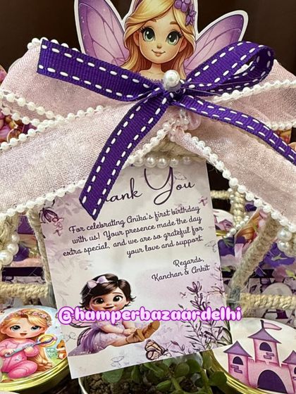 The thank you card is attached with a beautiful ribbon, adding an elegant touch to the jute basket.