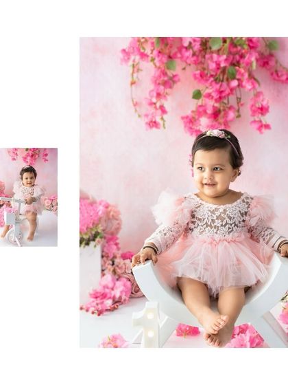 A collage showing two beautiful moments from a pink floral themed first birthday session. It highlights the joyful expressions I aim to capture.