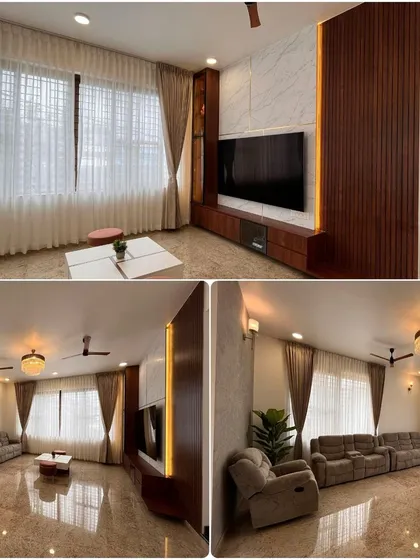 Ready to upgrade your living room? This collage shows a sleek and clean TV unit design with a marble back panel and vertical fluted wood accents, complemented by elegant sheer and solid curtains.