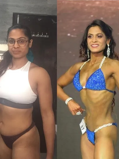 My transformation into an ICN India Bikini Overall Champion. This before-and-after shows the journey from my starting point to my winning physique.