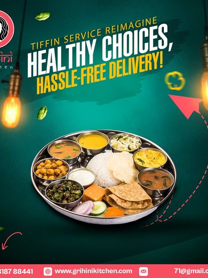 I've reimagined the tiffin service to focus on healthy choices with hassle-free delivery. This image shows a nutritious thali, representing the quality of meals you can expect.