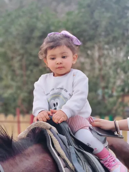 We ensure a safe and delightful experience for even our youngest guests. This photo captures a toddler's first interaction with one of our gentle horses, making for a precious family memory.