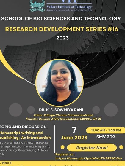 The official poster for my session at Vellore Institute of Technology on manuscript writing and publishing, part of their Research Development Series.