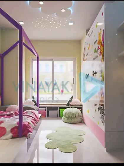 A playful and colorful kids' room design featuring a house-frame bed, a starry ceiling, and a dedicated whiteboard for drawing. The space is optimized with a window seat for reading and storage bins for toys.