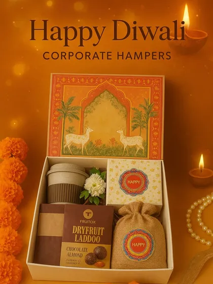 Corporate gifting should feel special, not just formal. This elegant Diwali corporate hamper is one of our favorites, featuring a mix of traditional sweets like dry fruit laddoos and modern essentials like a reusable coffee mug, all packed in an artfully designed box.