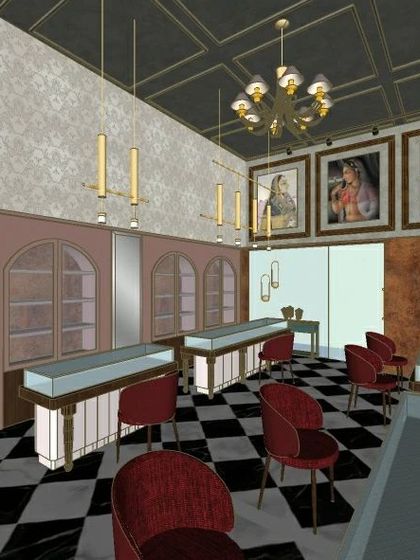 Another perspective of the proposed jewellery store, showing the wall display units and consultation areas.
