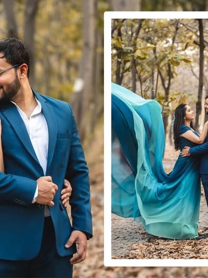 The forest becomes a ballroom in this enchanting shot. The movement of the long, flowing trail of the gown adds a dynamic and whimsical element to this nature-based pre-wedding photo.