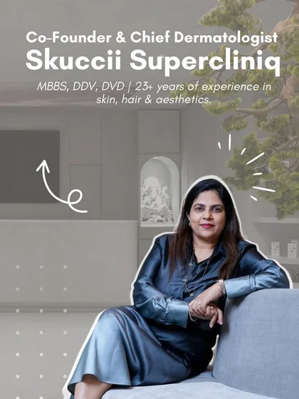 This is me, Dr. Meghna Mour. With over 23 years of experience in dermatology and aesthetics, I lead a team of experts dedicated to providing personalized, effective, and safe treatments. My goal is to help you achieve natural, healthy skin you feel confident in.