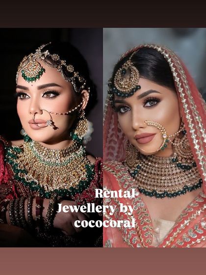 Two beautiful models showcasing my green bridal jewelry sets. These pieces, including chokers and mathapattis, are available for rent to complete your wedding look.