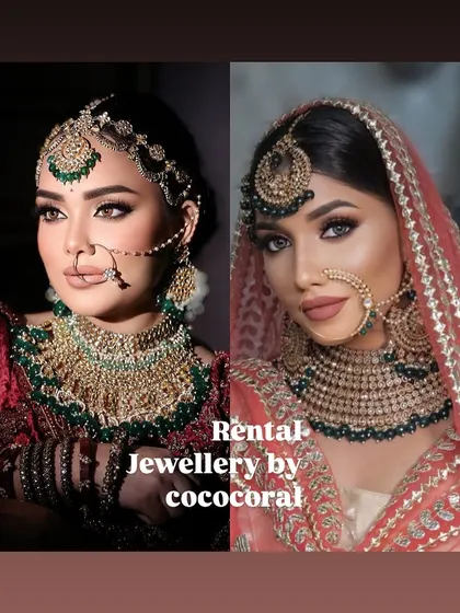 Two different bridal looks created using my green Kundan rental sets. This shows the versatility of my collection for MUAs.