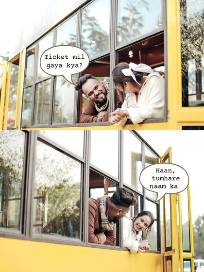 I love adding a bit of fun and personality to shoots. The speech bubbles in this photo add a playful narrative to the couple's interaction, making their pre-wedding photos feel even more personal and unique.