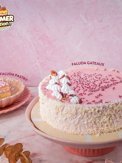 A closer look at our Faluda Gateaux and its matching pastry. The beautiful pink glaze and delicate toppings make it as much a feast for the eyes as it is for the palate.