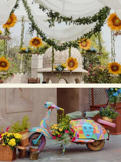 Transporting guests to the Amalfi Coast in the heart of Jaipur. This Positano-themed Mehendi was a celebration of vibrant color and playful details, featuring a hand-painted Vespa and a canopy of sunflowers.