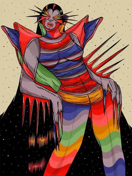 A piece from the series featuring a character with sharp, rainbow-striped claws and clothing.