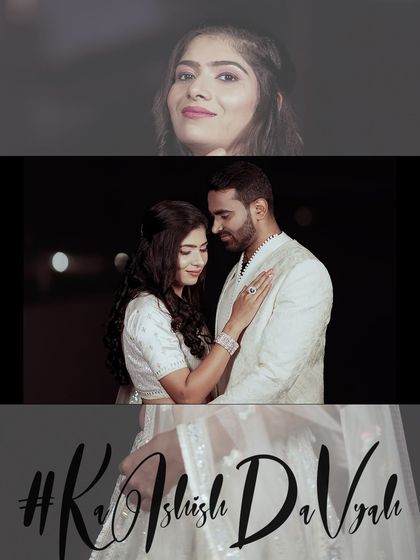 A collage from a night event, likely a sangeet or engagement party. It captures the couple's portraits and the celebratory mood.