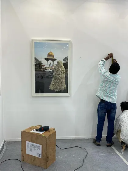 The team installing Surekha's work at our Art Mumbai booth.