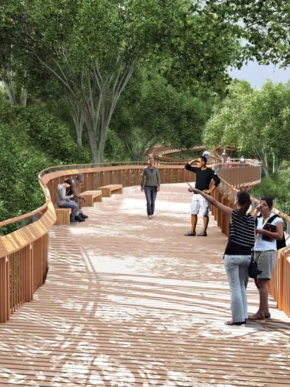 The trail is designed as a shared public space. This rendering shows people pausing to enjoy the view, highlighting my vision for the walkway as a place for community, observation, and connection with nature.