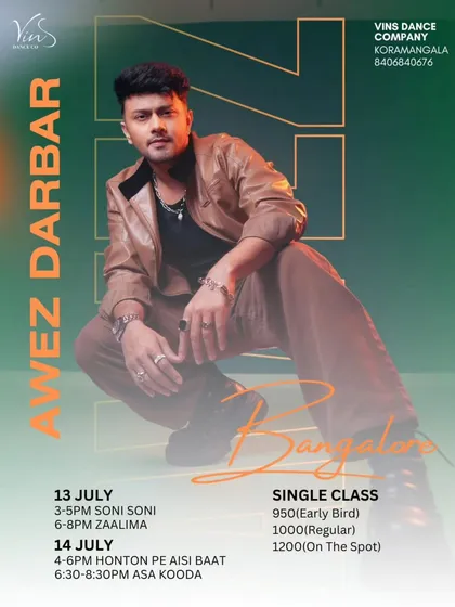 Awez Darbar is coming to Bangalore. Get ready for a weekend packed with his high-energy Bollywood and commercial choreography.