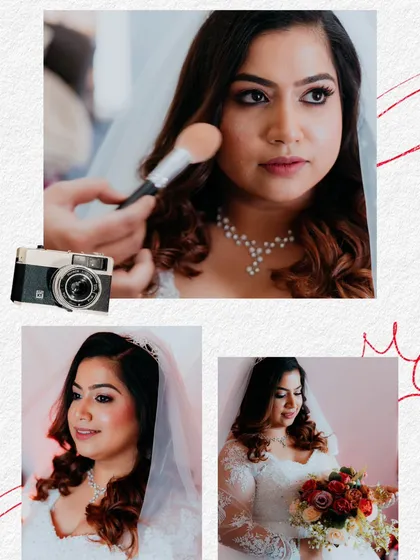 A creative collage showing the bride's makeup being applied, alongside her final portraits, telling the story of her transformation.