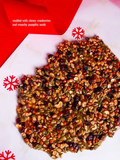 The brittle is studded with chewy cranberries and crunchy pumpkin seeds for a mix of textures.