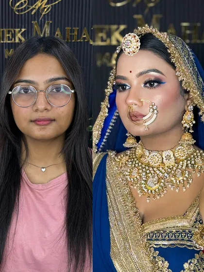 A powerful before-and-after of the royal blue bridal look. The transformation is dramatic and showcases a high level of skill.